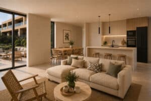 Salón de concepto abierto con cocina integrada, sofá crema, terraza privada y acabados en madera natural en vivienda del residencial Natura Beach Xàbia de CecoHomes en Jávea
