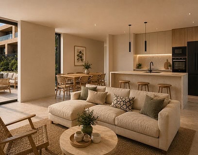 Salón de concepto abierto con cocina integrada, sofá crema, terraza privada y acabados en madera natural en vivienda del residencial Natura Beach Xàbia de CecoHomes en Jávea