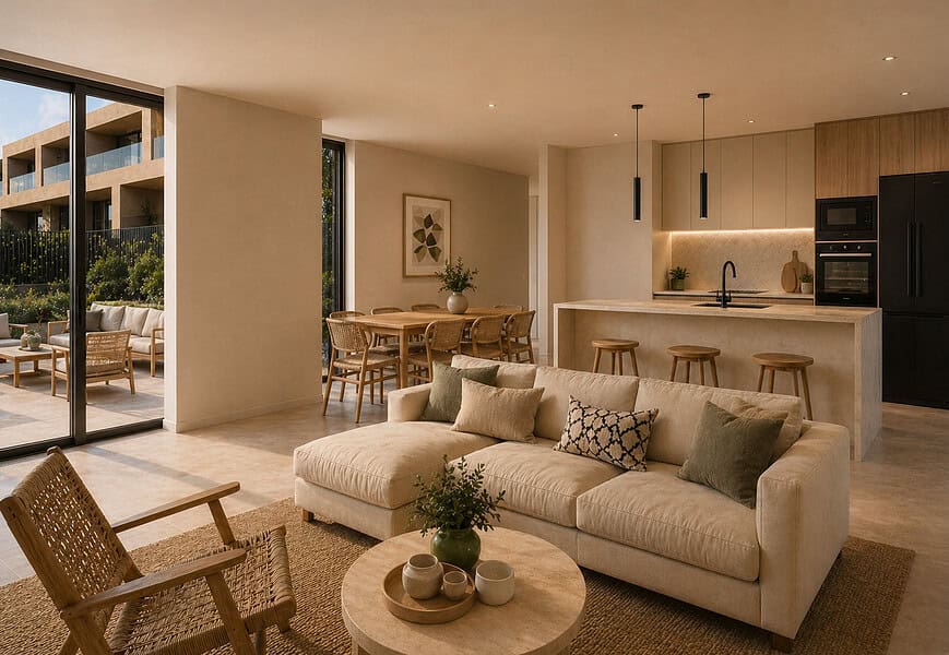 Salón de concepto abierto con cocina integrada, sofá crema, terraza privada y acabados en madera natural en vivienda del residencial Natura Beach Xàbia de CecoHomes en Jávea