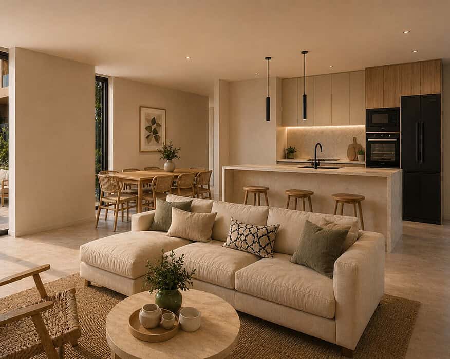 Salón de concepto abierto con cocina integrada, sofá crema, terraza privada y acabados en madera natural en vivienda del residencial Natura Beach Xàbia de CecoHomes en Jávea