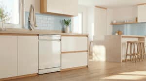 Lavavajillas Cecotec Bolero Aguazero 7000 en color blanco con puerta de cristal mate instalado en cocina nórdica luminosa con azulejos celestes y suelo de madera clara
