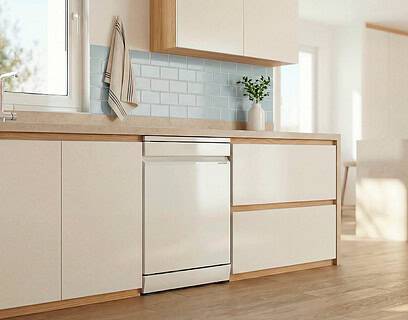 Lavavajillas Cecotec Bolero Aguazero 7000 en color blanco con puerta de cristal mate instalado en cocina nórdica luminosa con azulejos celestes y suelo de madera clara