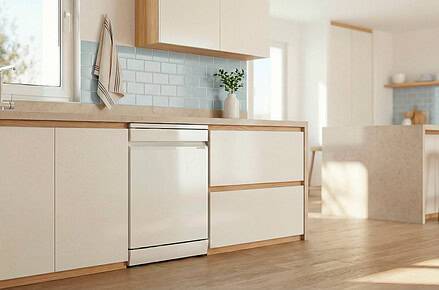Lavavajillas Cecotec Bolero Aguazero 7000 en color blanco con puerta de cristal mate instalado en cocina nórdica luminosa con azulejos celestes y suelo de madera clara