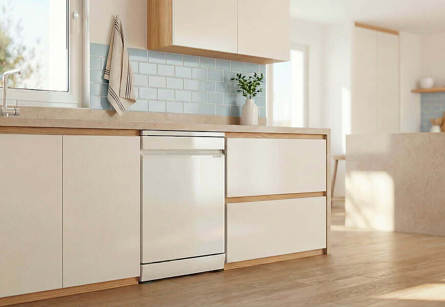 Lavavajillas Cecotec Bolero Aguazero 7000 en color blanco con puerta de cristal mate instalado en cocina nórdica luminosa con azulejos celestes y suelo de madera clara