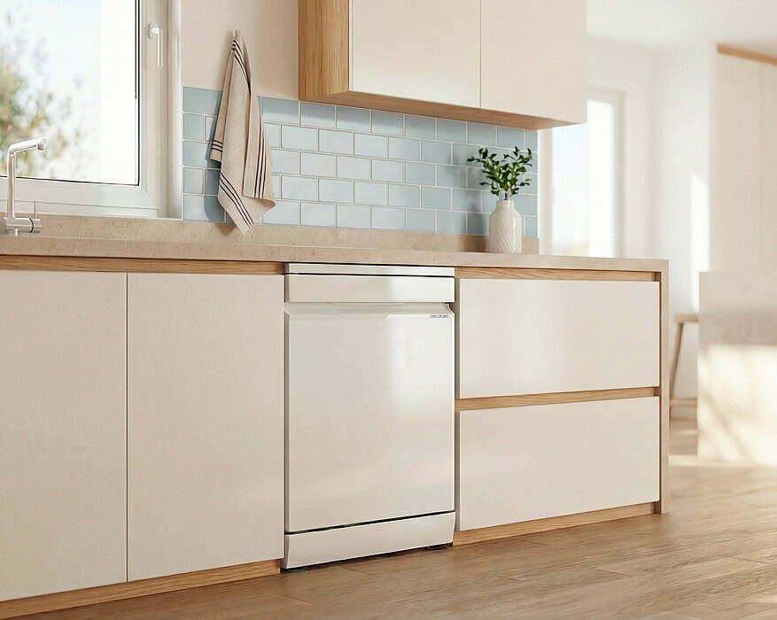 Lavavajillas Cecotec Bolero Aguazero 7000 en color blanco con puerta de cristal mate instalado en cocina nórdica luminosa con azulejos celestes y suelo de madera clara