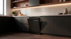 Lavavajillas Cecotec Bolero Aguazero 7000 en color blanco con puerta de cristal mate instalado en cocina nórdica luminosa con azulejos celestes y suelo de madera clara