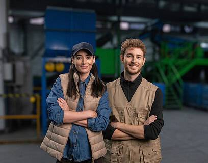 Dos instaladores profesionales con chaleco de trabajo en una planta de reciclaje de la campaña Ecoinstaladores de ECOTIC