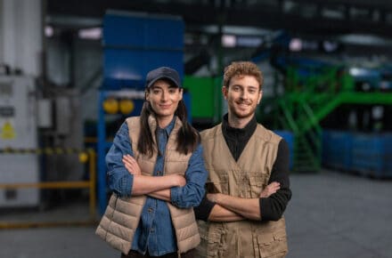 Dos instaladores profesionales con chaleco de trabajo en una planta de reciclaje de la campaña Ecoinstaladores de ECOTIC