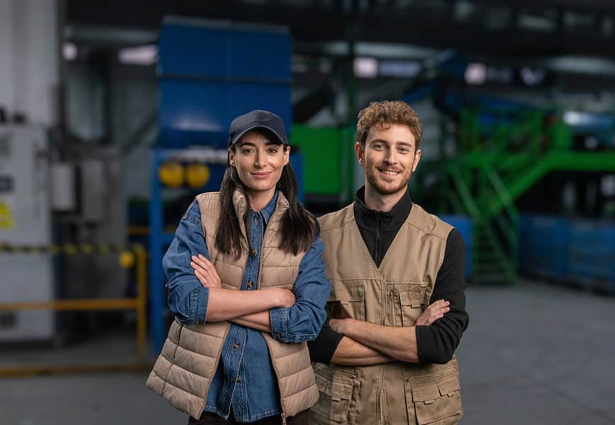 Dos instaladores profesionales con chaleco de trabajo en una planta de reciclaje de la campaña Ecoinstaladores de ECOTIC