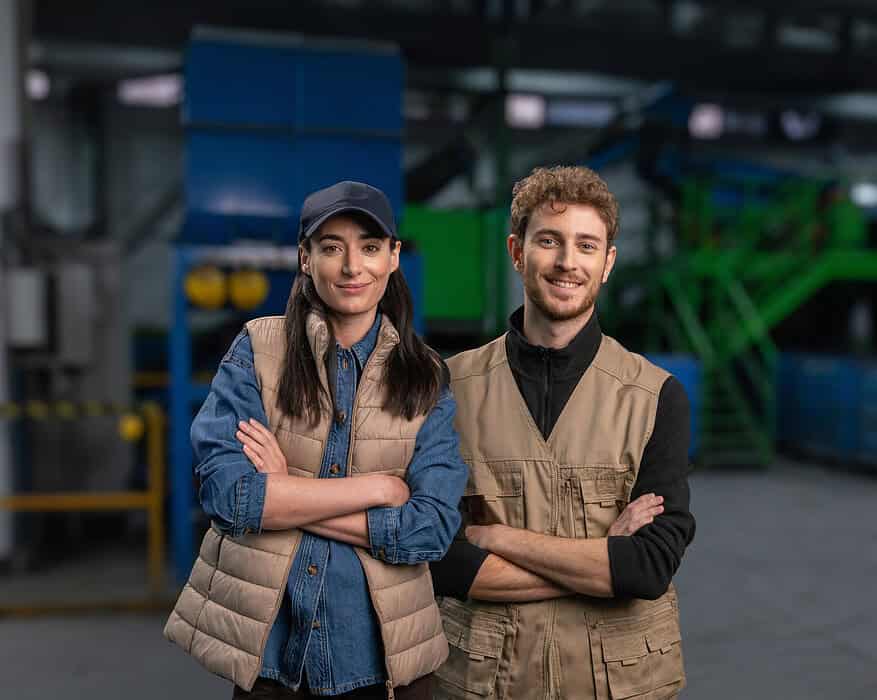 Dos instaladores profesionales con chaleco de trabajo en una planta de reciclaje de la campaña Ecoinstaladores de ECOTIC